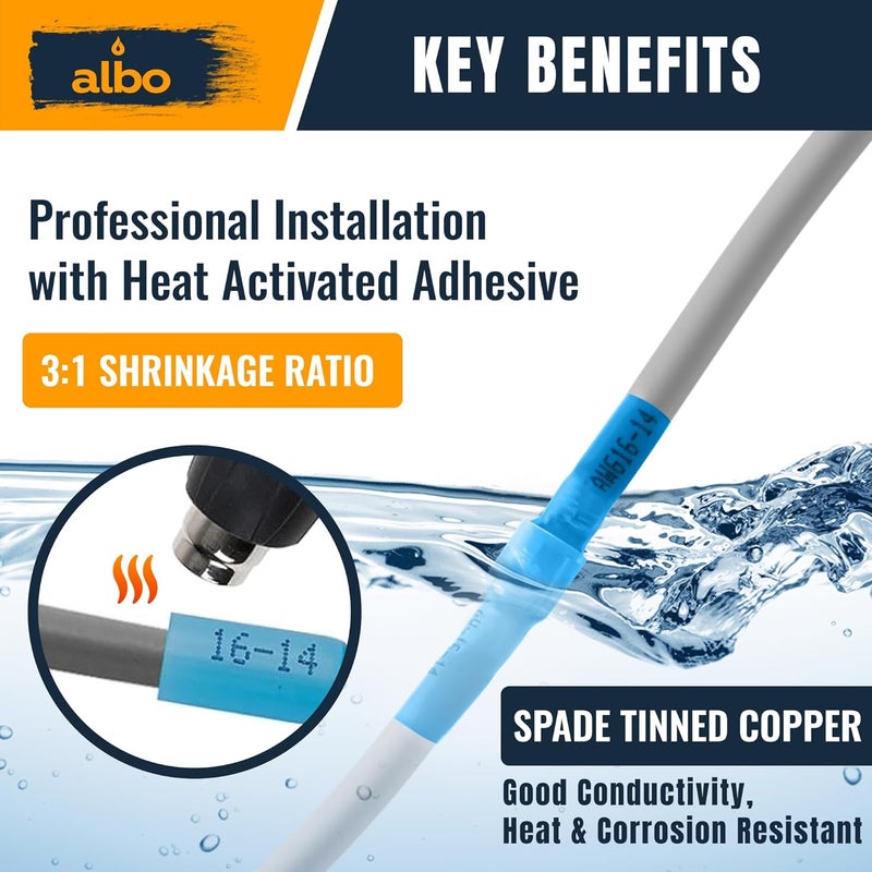ALBO طقم موصلات أنثوية على شكل مجرفة 250 قطعة مع انكماش حراري - AWG 16-14 موصلات كهربائية زرقاء مقاومة للماء، موصلات سلكية أنثوية معزولة بالكامل لمشاريع السيارات والبحرية والأسلاك الكهربائية - Image 5